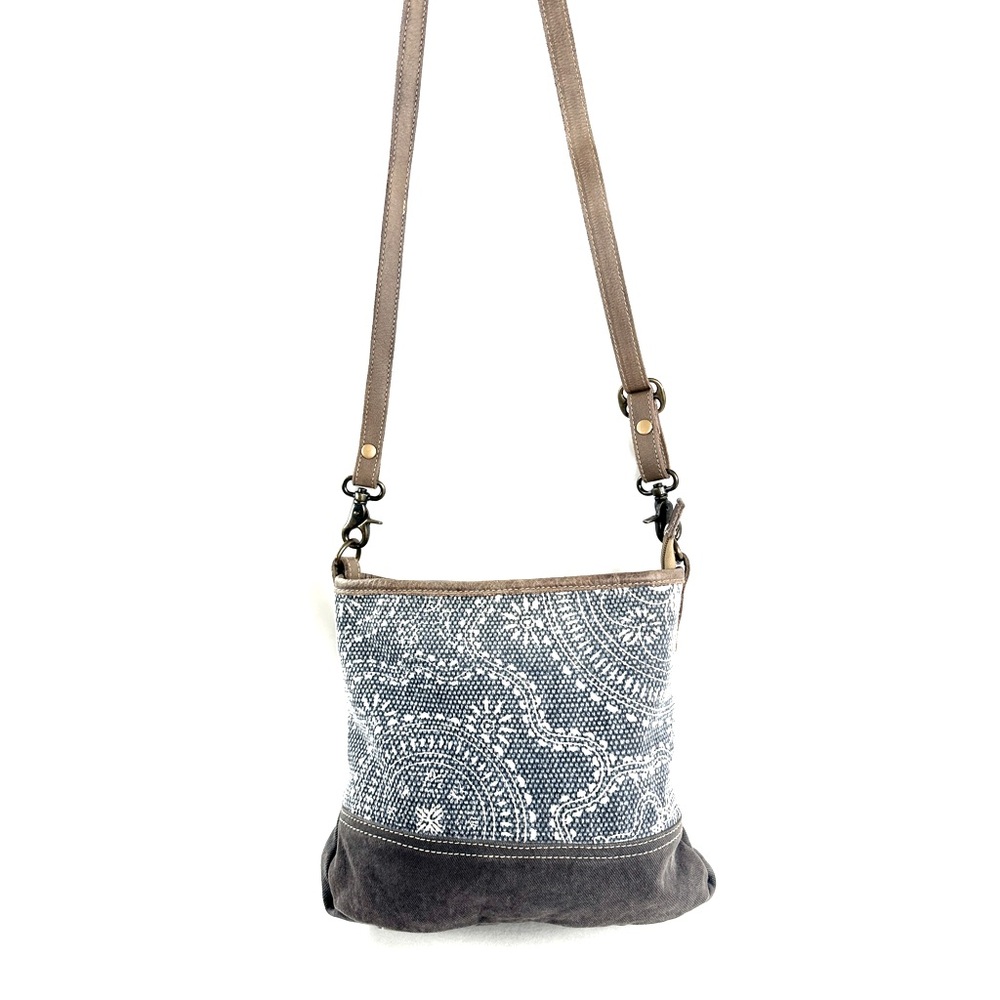 Myra Bag Gray Blue Geo Design Canvas Medium Crossbody Bag Leather Strap